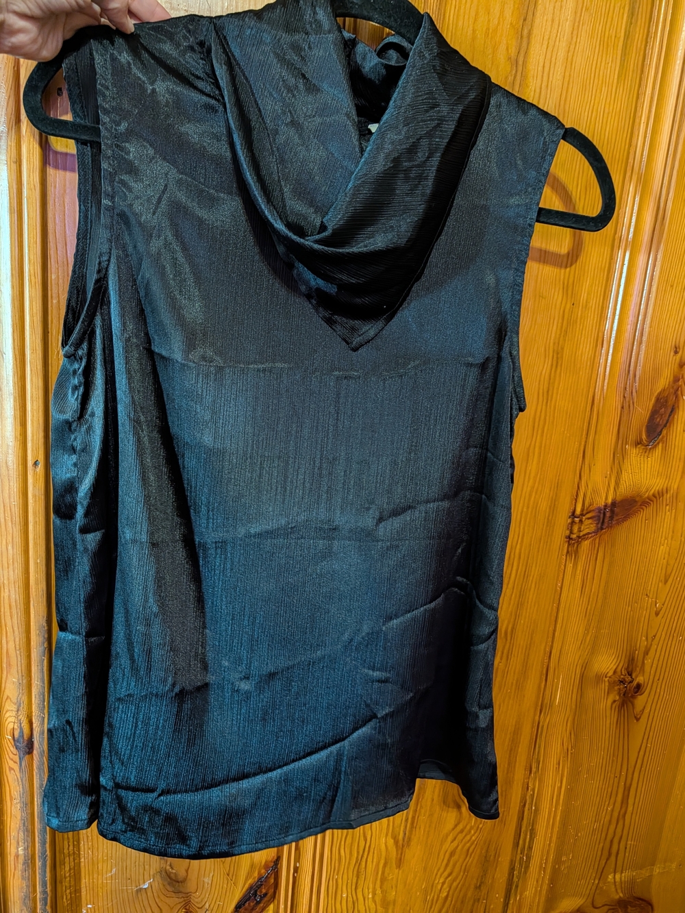 Sleeveless Black Satin Cowl Neck Women's Top